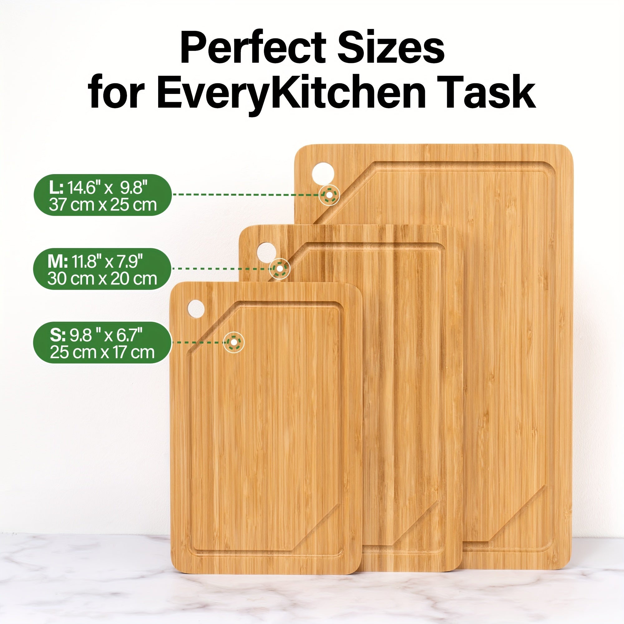 Bamboo Cutting Board for Kitchen, Bamboo Cutting Board Set Of 3 with Juice Groove, Double-Sided Chopping Board Serving Board with Hanging Hole for Meat, Vegetables And Cheese
