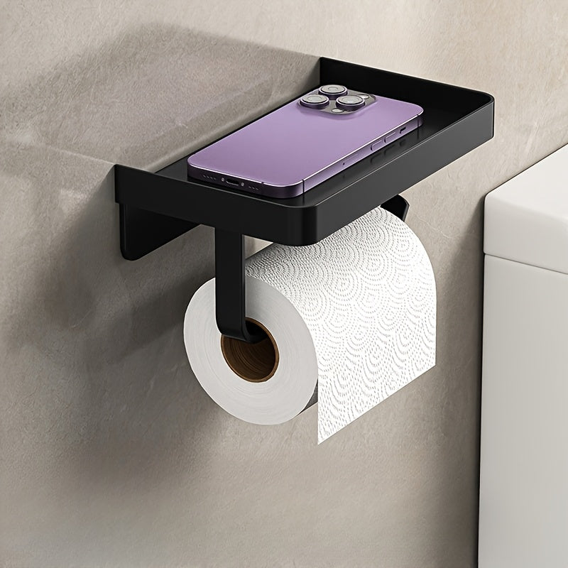 A Black Metal Toilet Paper Holder That Is Easy to Install Without Nails, Also Serves As a Multifunctional Storage Rack for Kitchens And Bathrooms, Ideal for Organizing Spices And Other Items