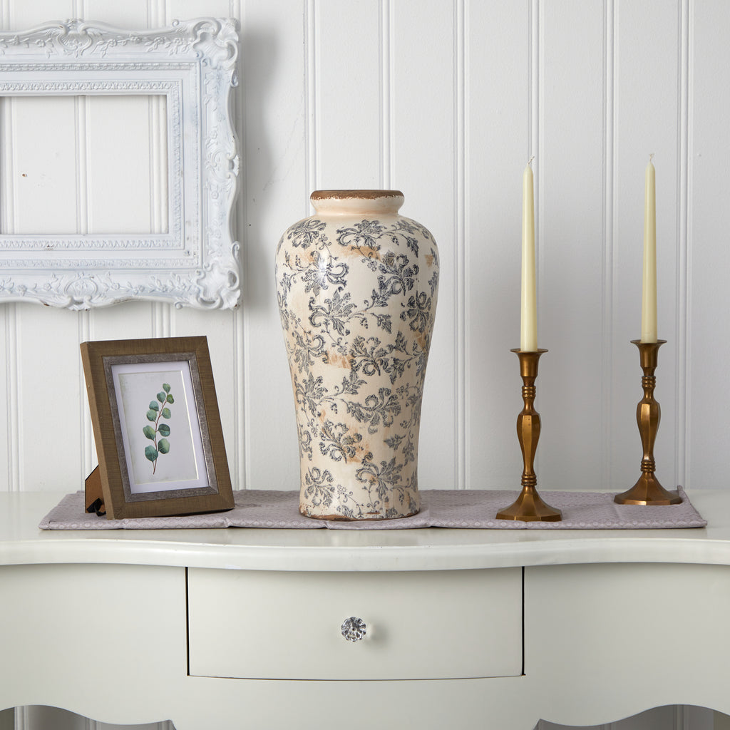 16-in Tuscan Ceramic Floral Scroll Urn Vase