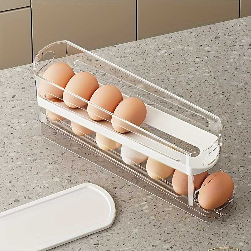 Automatic Rolling Sliding Egg Rack, Space-Saving Design with Easy Access Sliding Tiers And Transparent Compartment, for Kitchen And Refrigerator Storage, Durable No Batteries Required