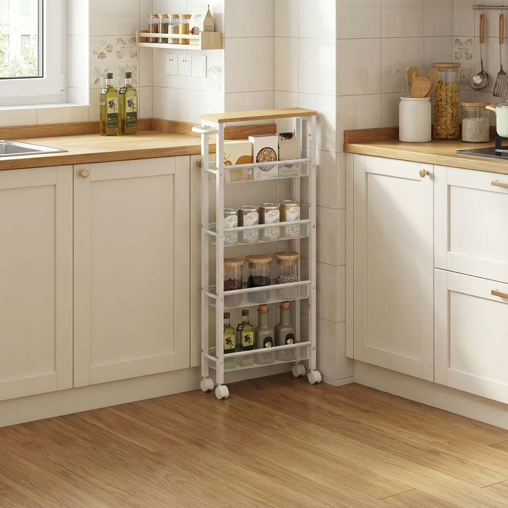 Modern Refrigerator Bottle Organizer – easy-access beverage storage, 4 5-Tier Metal Kitchen Shelf with 360 Swivel Wheels Slim Rolling Storage Cart Space-Saving, designed for American homes, daily convenience and practical gifting