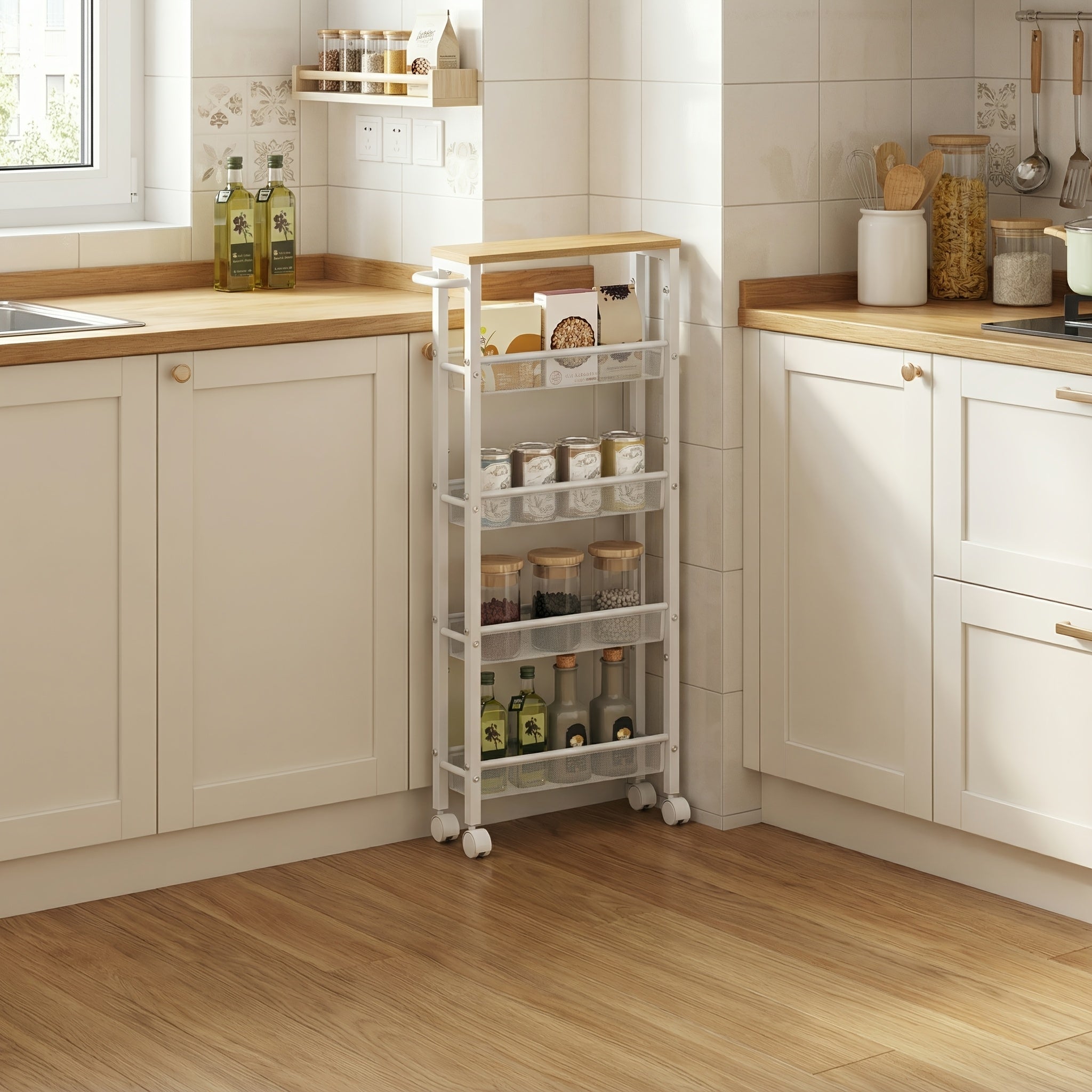 Modern Refrigerator Bottle Organizer – easy-access beverage storage, 4 5-Tier Metal Kitchen Shelf with 360 Swivel Wheels Slim Rolling Storage Cart Space-Saving, designed for American homes, daily convenience and practical gifting