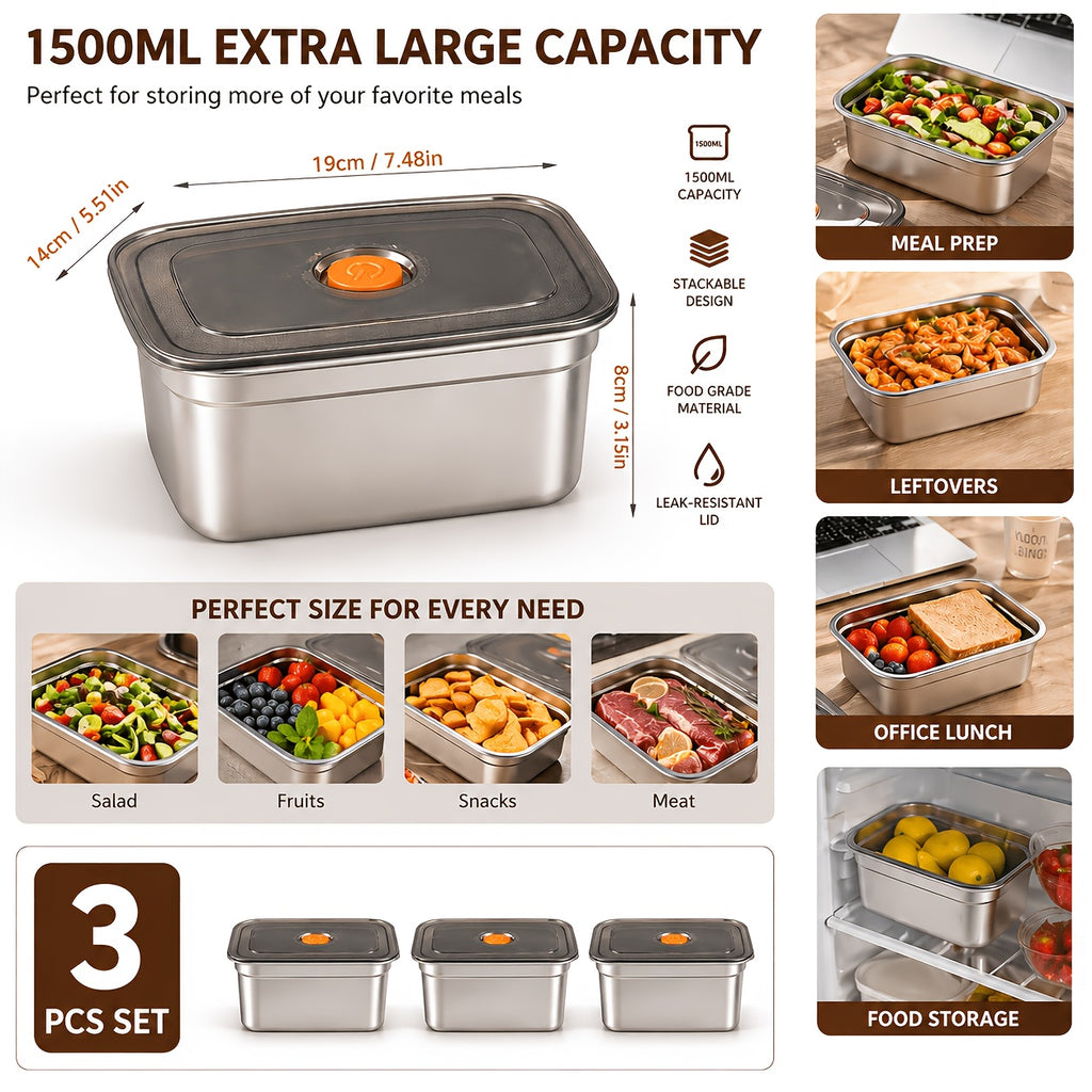 Premium 3pcs Airtight Food Storage Containers – leak-resistant reusable meal prep, 3pcs Airtight Stainless Steel Food Container with Lid Vacuum Seal Leak Proof Lunch Box, designed for American homes, daily convenience and practical gifting