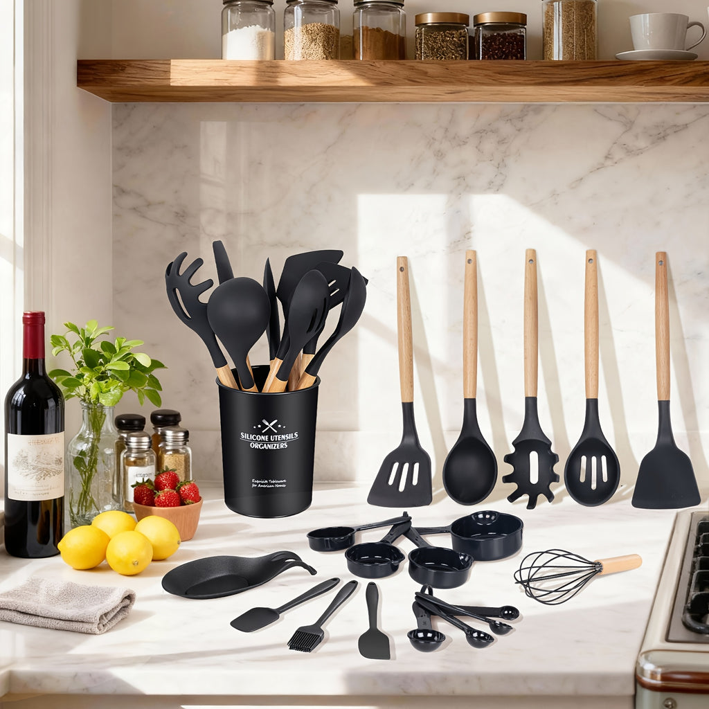 Kitchen Utensils Set- 34pcs Silicone Cooking Utensils With Holder, Heat Resistant Kitchen Utensil Spatula Set For Nonstick Cookware, Black Wooden Handles Kitchen Gadgets Tools Set Father Gift