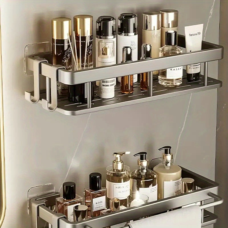 1/2/3pcs Metal Punch-free Bathroom Rack, Thickened, Easy to Install, Multi-piece Bathroom Rack, Punch-free Wall-mounted Storage Rack, Large-capacity Wall-mounted Black And Silvery Multi-function Storage Rack Suitable for Toilets And Bathrooms