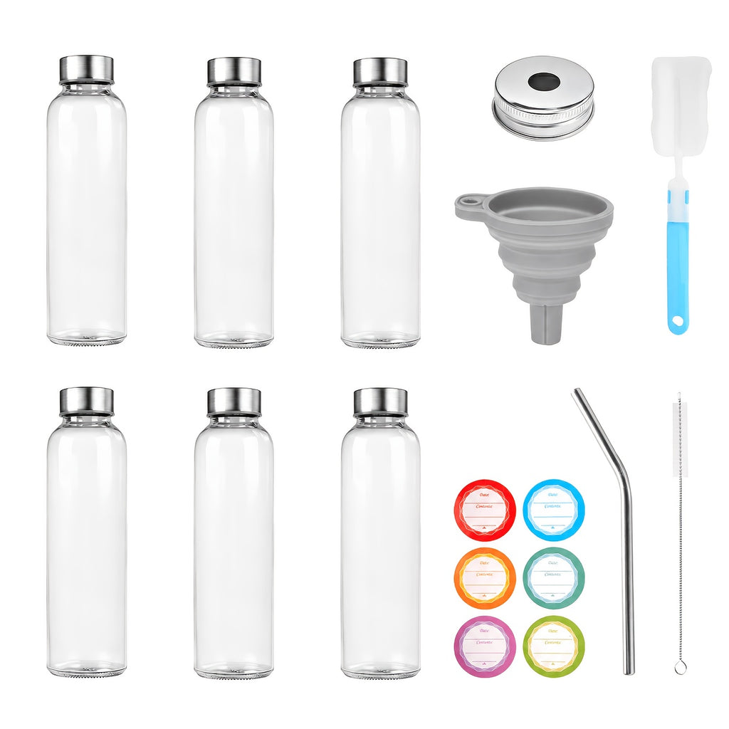 6/8pcs Glass Bottles with Lid, 18oz Clear Juice Bottles, Leakproof & Reusable Glass Bottle with Stainless Steel Cap-for Juice, Beverage, Refrigerator, Travel Use
