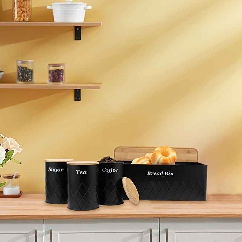 Black Bread Bin with 3 Canister Sets for Tea, Sugar, Coffee Containers