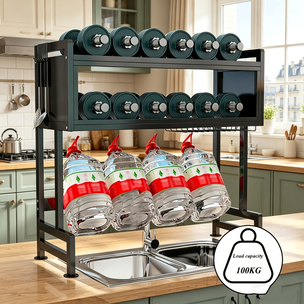 3-Tier Black Metal Kitchen Organizer with Dish Rack, Cutting Board Holder & Utensil Hooks - Over Sink/Countertop Space-Saving Storage for Plates, Bowls - Includes Lid, Spice Containers & Cup Holders - Durable Design for Organized Home Chef Kitchens