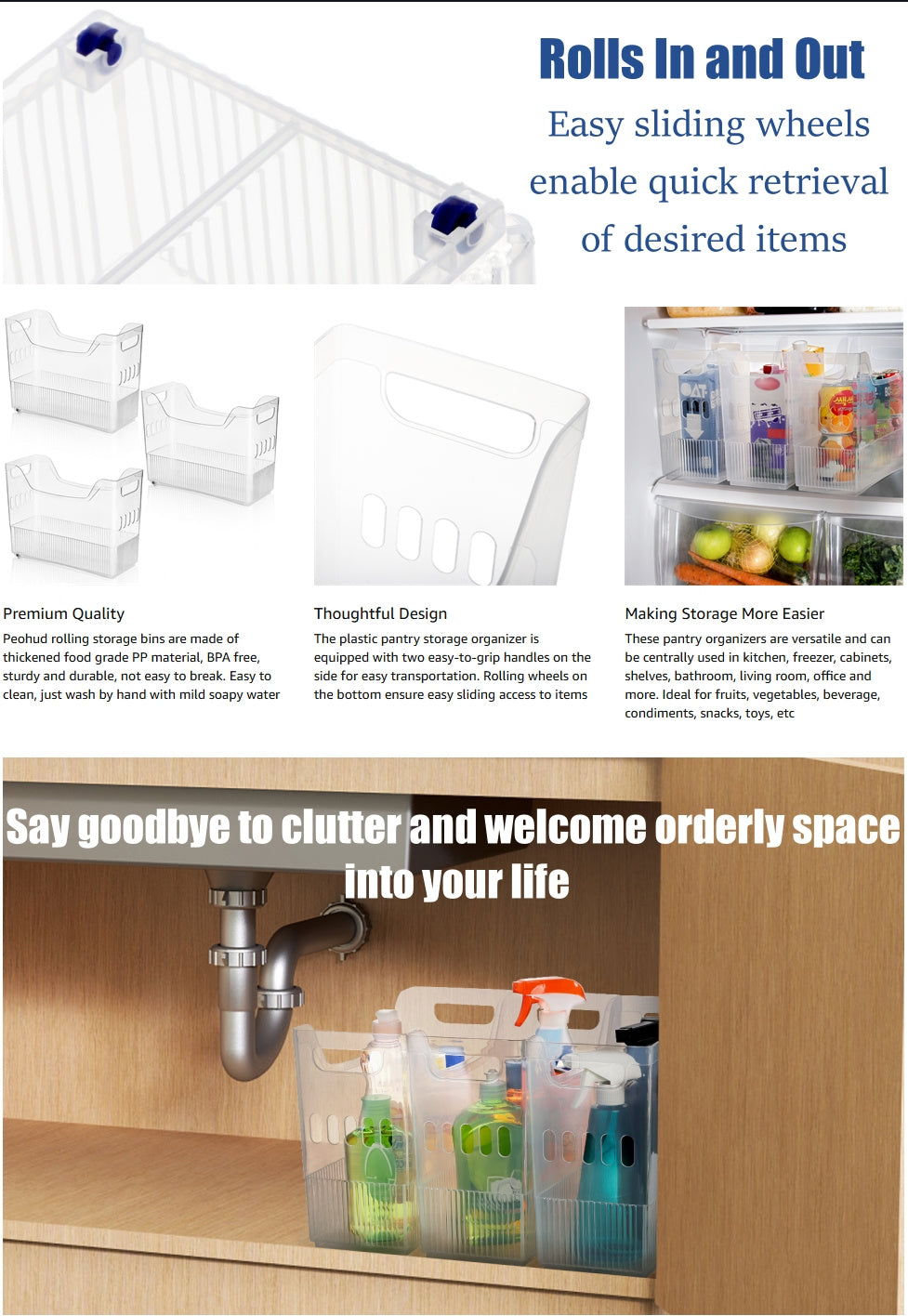 3 Pack Freezer Organizer Bins with Wheels, Clear Plastic Pantry Storage Organizer with Handle, Tall Narrow Kitchen Organization Rolling Bins for Fridge, Cabinet, Bathroom, Under Sink, Office