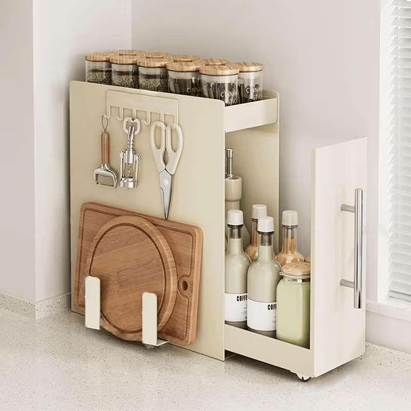 A Two-Tier Kitchen Storage Rack with Magnetic Hooks And a Cutting Board Holder, Ideal for Organizing Condiments, Tea Cups, Spices, Herbs, And Water Bottles. This Pull-Out Multipurpose Spice Box Is a Perfect Solution for Countertop Organization