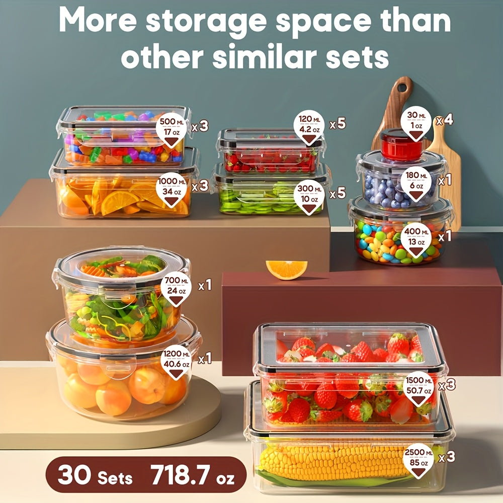 [Airtight Food Storage] 60pcs Airtight Food Storage Container Set with Lids (30 Containers & 30 Lids) - BPA-Free, PVC-Free Plastic Leakproof Meal Prep Kit, Microwave/Dishwasher Safe, Hinged-Lid System, Labels & Pen for Pantry, Leftovers, Fridge Organizati