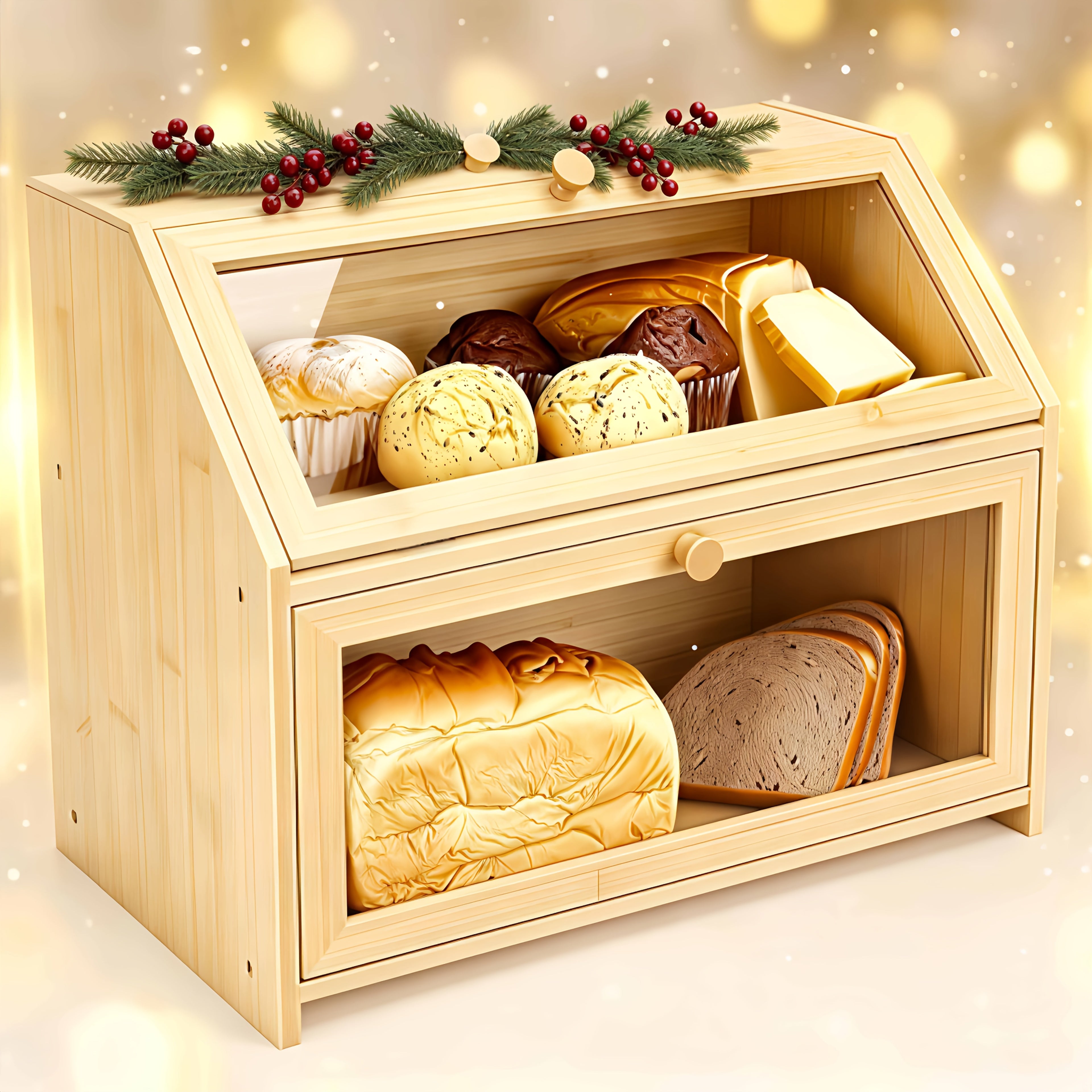 Countertop Bread Box With Transparent Window |Double-Layer Bread Storage Box For Kitchen | Large-Capacity Food Storage Container.