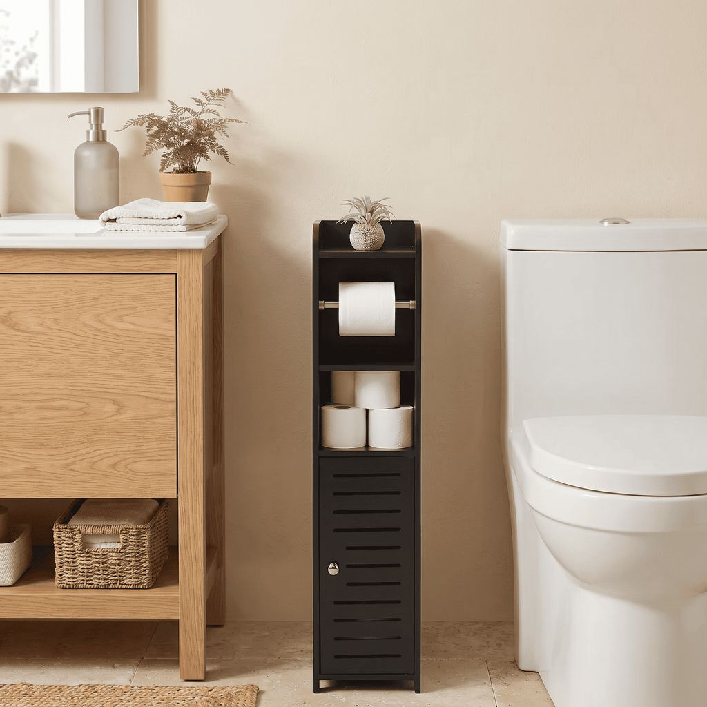 White/Black/Gray Slim Bathroom Organizer Rack, Perfect for Small Spaces in Various Settings, Includes a Bathroom Storage Cabinet with a Tissue Holder, Easy to Assemble, Durable Toilet Paper Storage Container, Comes with a Roll Holder and Screwdriver