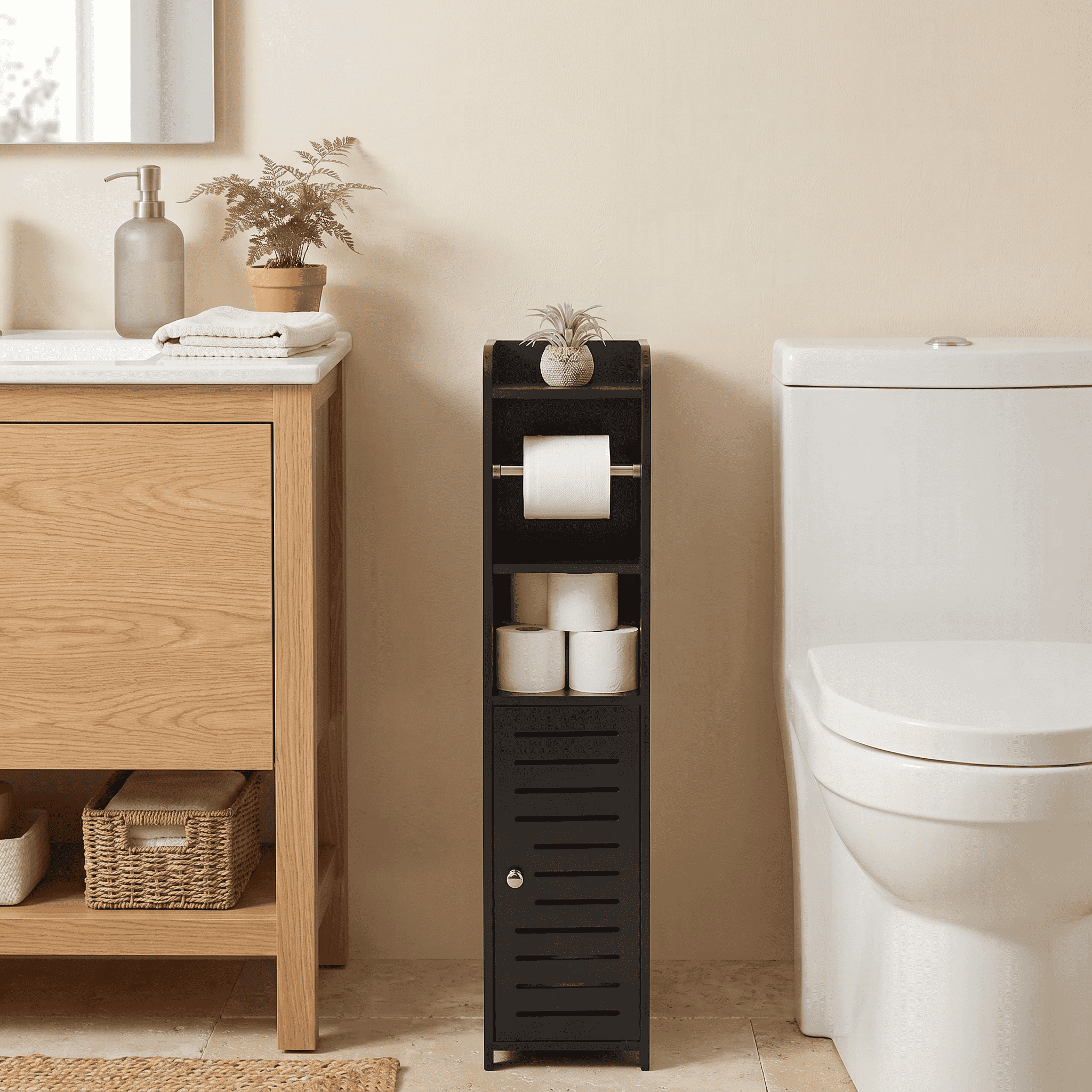 White/Black/Gray Slim Bathroom Organizer Rack, Perfect for Small Spaces in Various Settings, Includes a Bathroom Storage Cabinet with a Tissue Holder, Easy to Assemble, Durable Toilet Paper Storage Container, Comes with a Roll Holder and Screwdriver