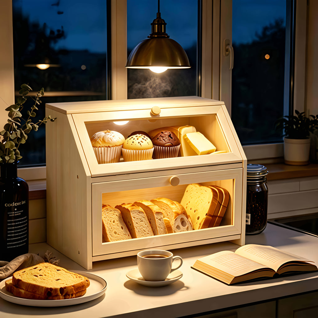 Countertop Bread Box With Transparent Window |Double-Layer Bread Storage Box For Kitchen | Large-Capacity Food Storage Container.