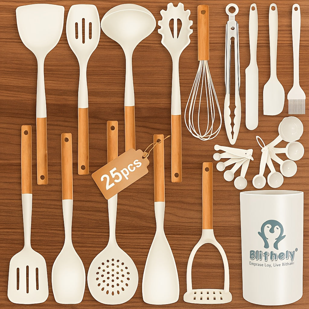 Kitchen Tools – 25pcs Set of Silicone Cooking Tools, Featuring Nonstick Utensils with Wooden Handl