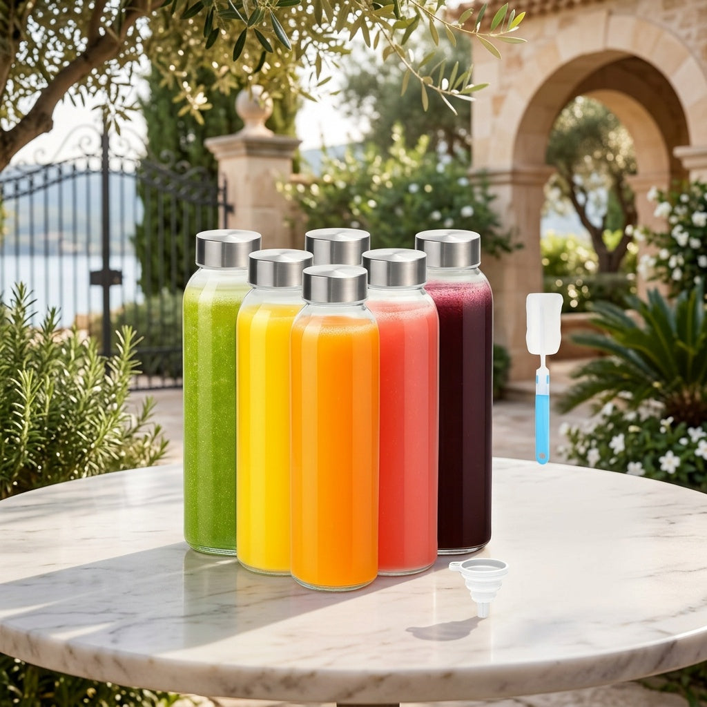 [6 Pack] 18oz Glass Water Bottles with Lids - Reusable Glass Juicing Bottles with Stainless Steel Caps, 100% Leak Proof Juice Containers for Refrigerator, Smoothies, Beverages, Includes Cleaning Brush & Funnel, BPA Free