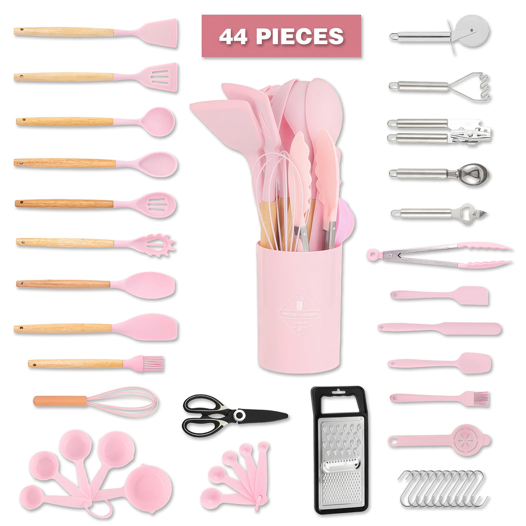 Kitchen Essential – 44pcs Silicone Kitchen Utensil Set with Holder, Nonstick Cooking Utensils, Wooden Handle Kitchen Tools, Spatula Turner Spoon Tongs Whisk Measuring Cups, Kitchen Accessori
