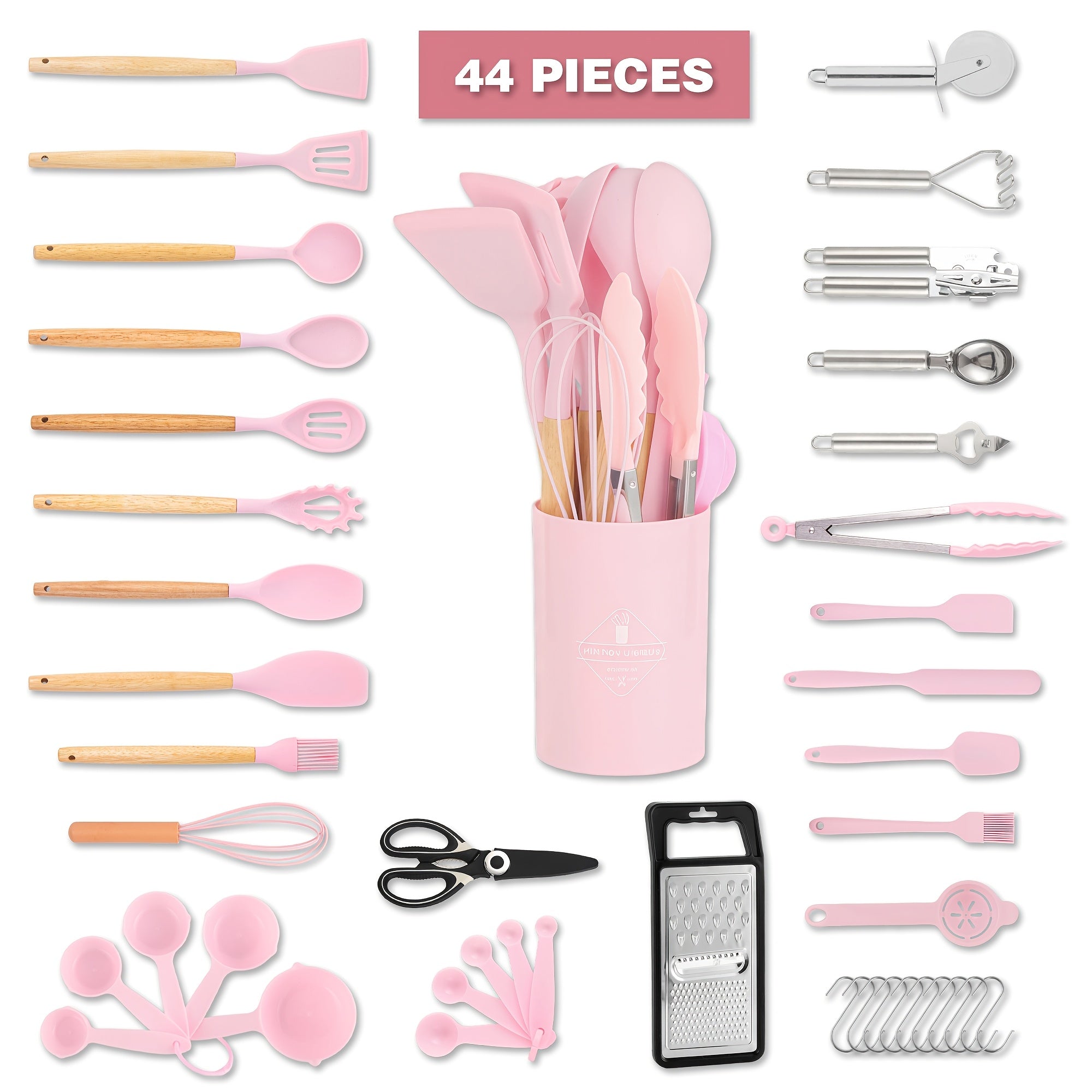 Kitchen Essential – 44pcs Silicone Kitchen Utensil Set with Holder, Nonstick Cooking Utensils, Wooden Handle Kitchen Tools, Spatula Turner Spoon Tongs Whisk Measuring Cups, Kitchen Accessori