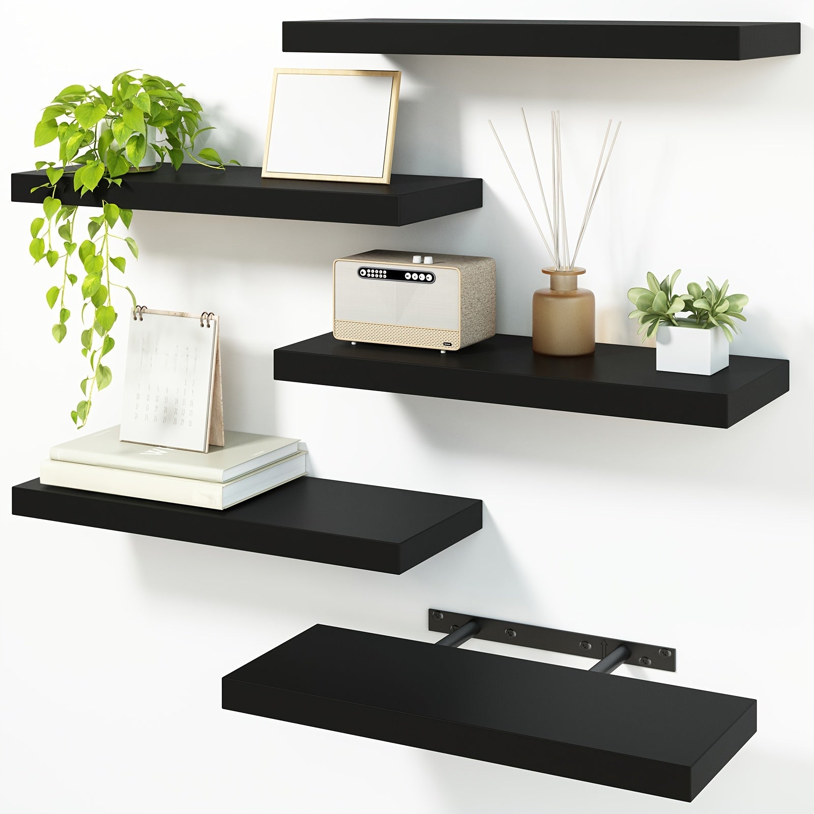 Home Living Essential – TOMNK 5pcs Floating Shelves for Wall, Black Wall Mounted Shelves for Room Decor, W