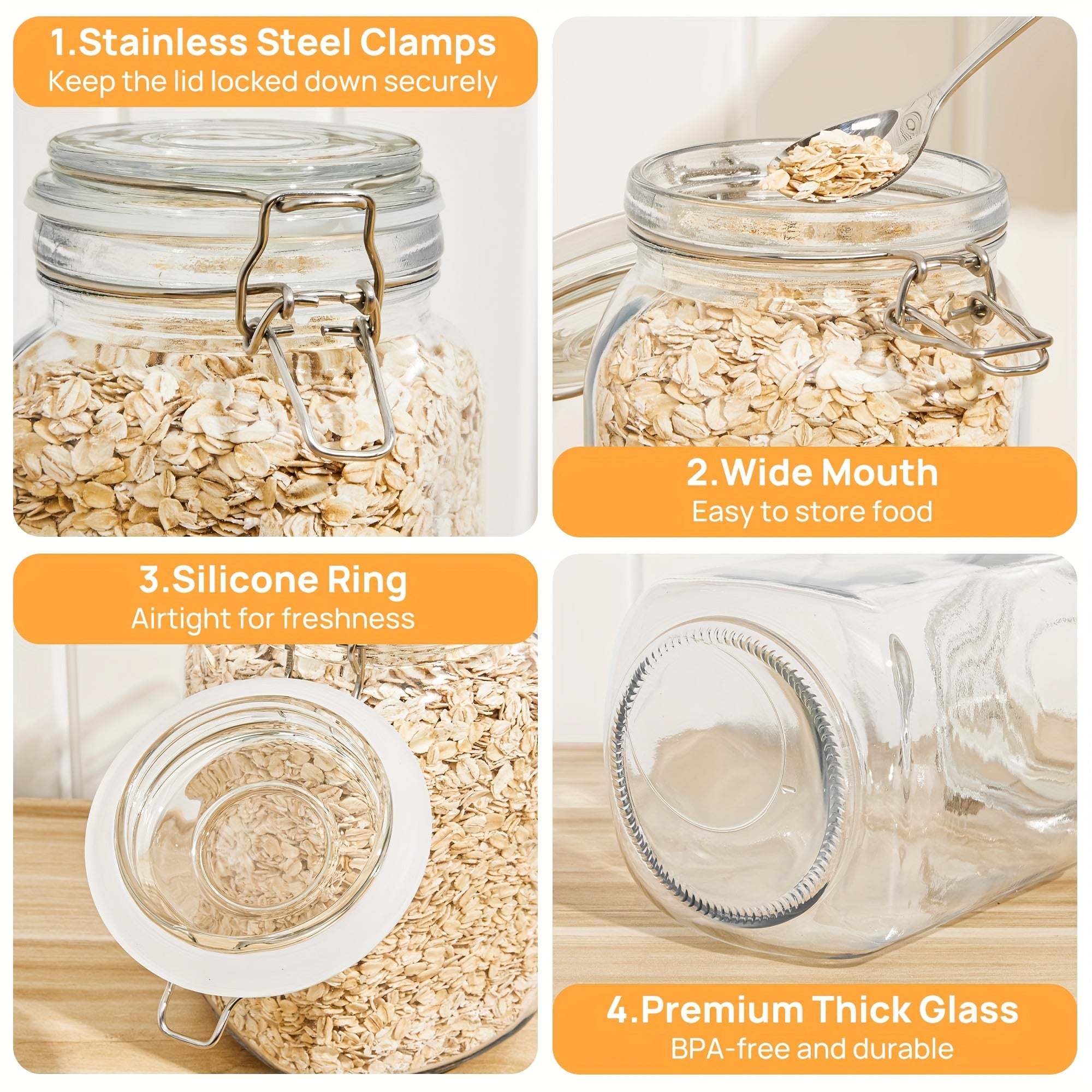 Space-Saving 50Oz Mason Jar Set – clear reusable pantry storage, 50Oz Airtight Glass Jars with Lids 3pcs Food Storage Canisters for Kitchen And Pantry, designed for American homes, daily convenience and practical gifting