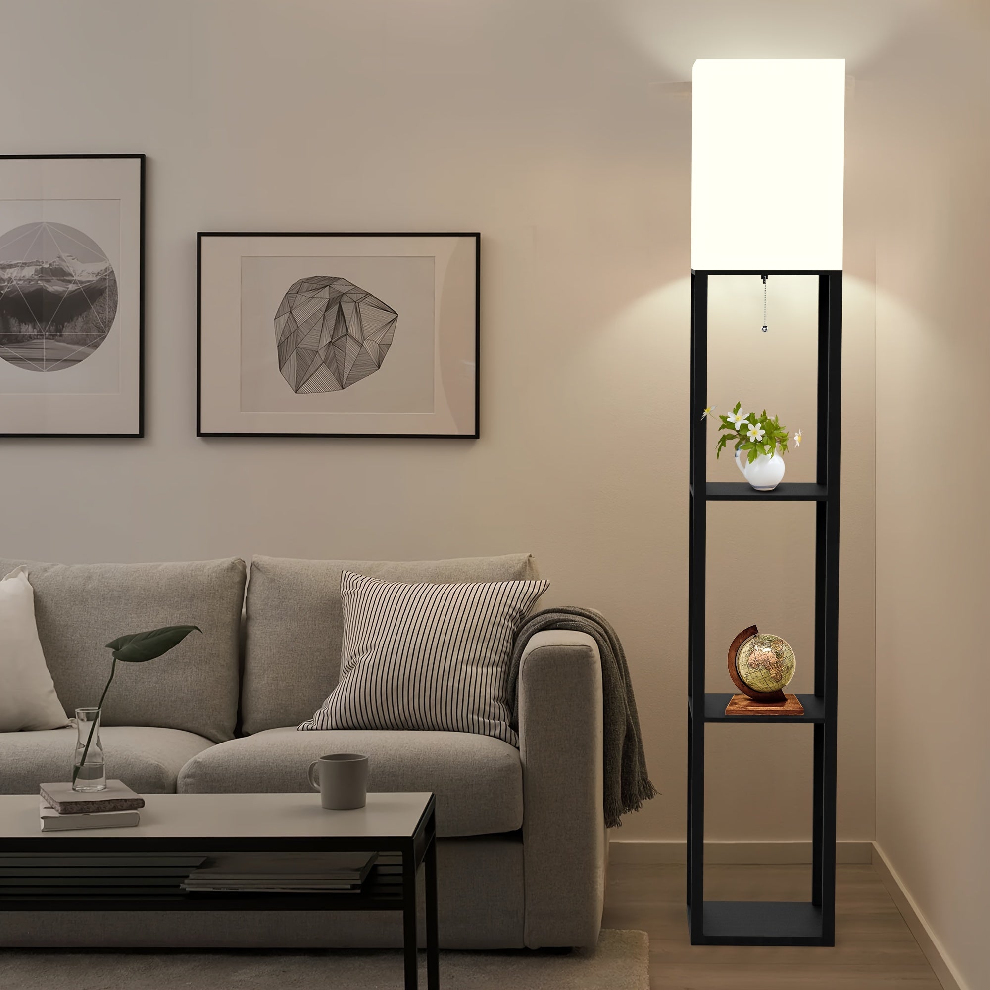 62.9" Column Floor Lamp with Shelves, Real Solid Wood And Bulb Included, Suitable for Halloween, Christmas And Other Holidays