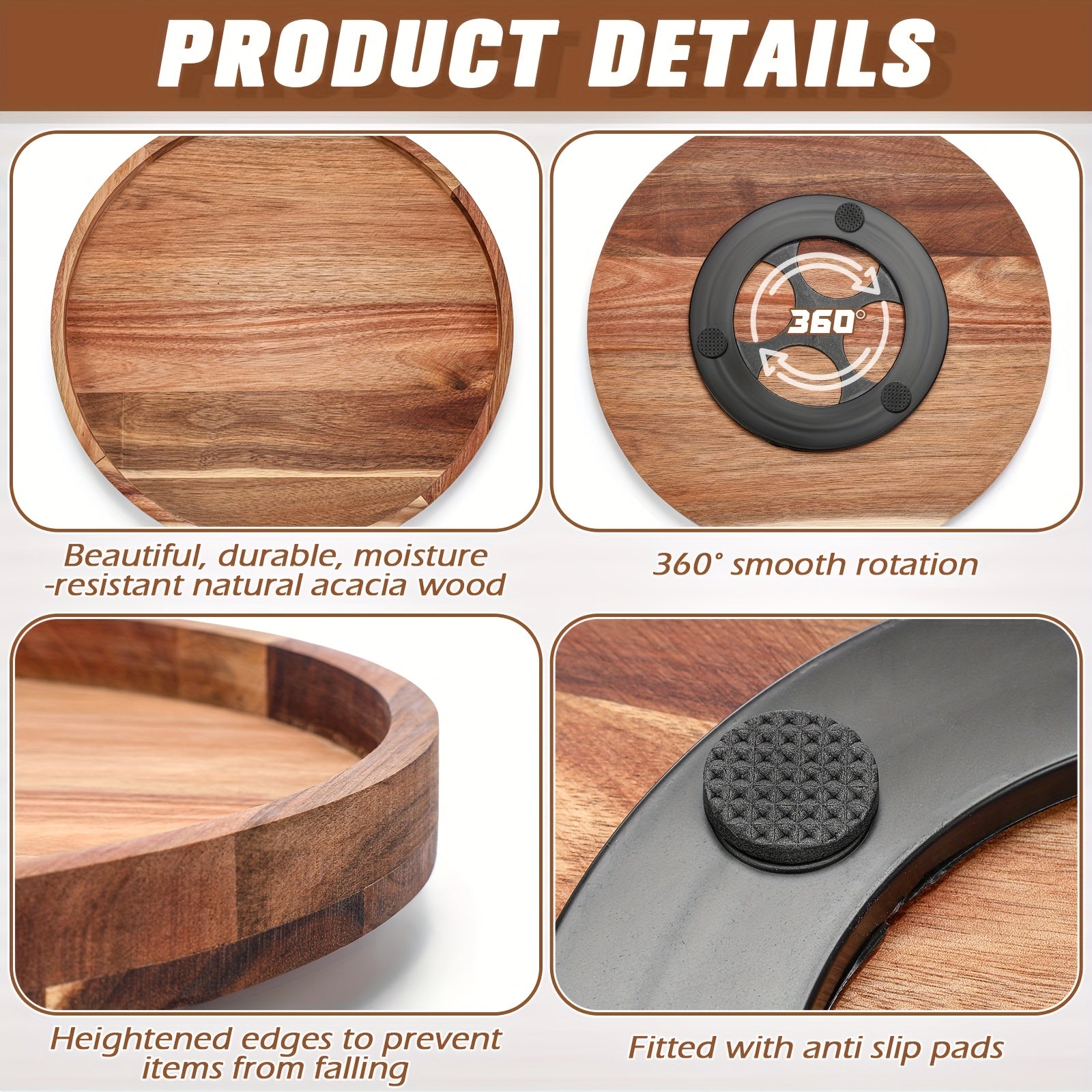 16-Inch Acacia Wood Lazy Susan Organizer, a Wooden Rotating Turntable Designed for Kitchen Organization, Perfect for Dining Tables, Countertops, Kitchen Cabinets, And Pantry Storage