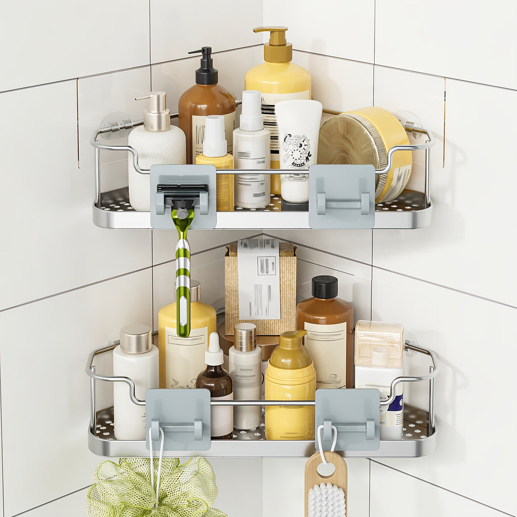 2/3pcs Stainless Steel No Punching Bathroom Shelf, Large Capacity Bathroom Kitchen Sundries Storage Rack, Bathroom Soap Razor Storage Rack, Room Bedroom Wall-Mounted Sundries Storage Rack, with Four Hook Design, Bathroom Additions, Shelves