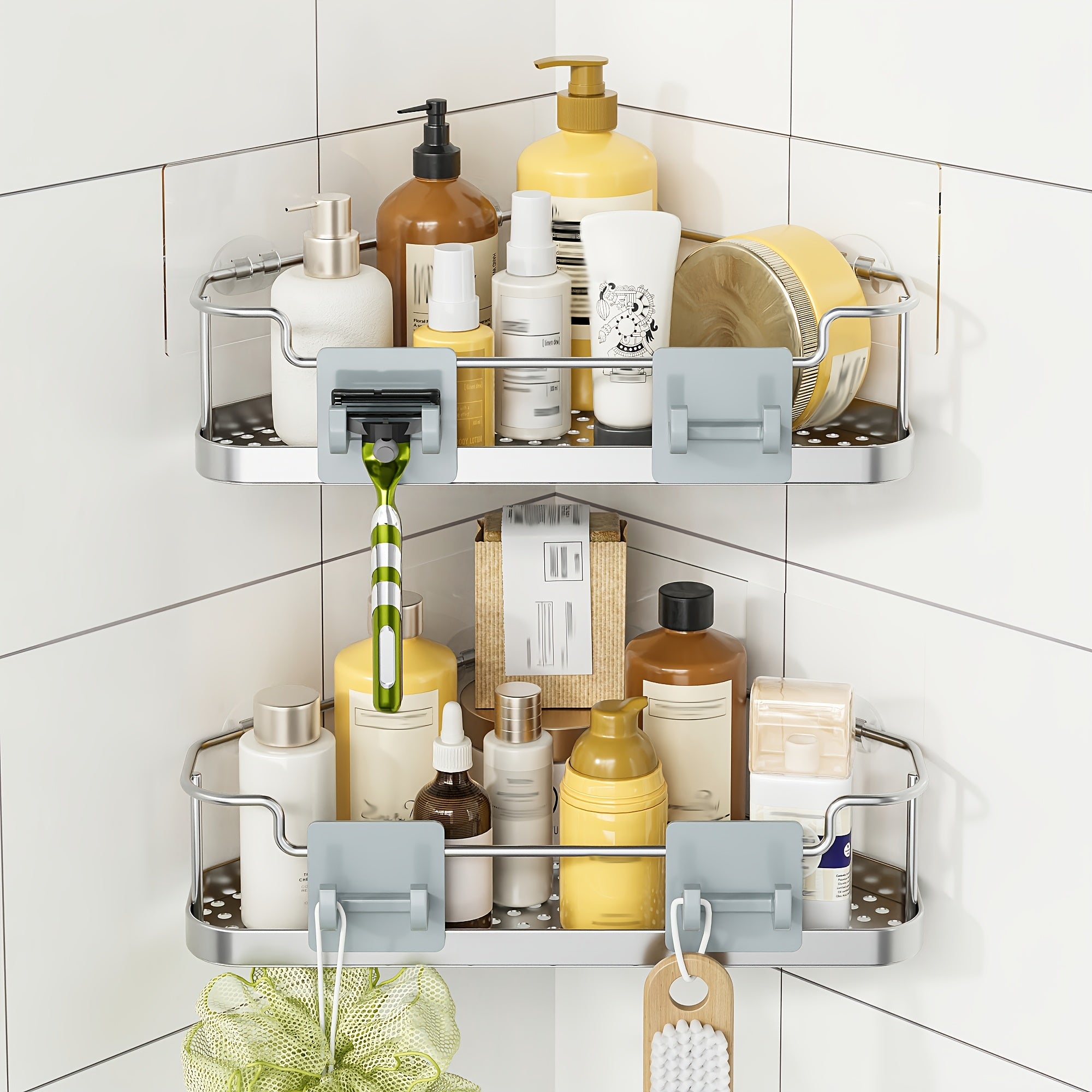 2/3pcs Stainless Steel No Punching Bathroom Shelf, Large Capacity Bathroom Kitchen Sundries Storage Rack, Bathroom Soap Razor Storage Rack, Room Bedroom Wall-Mounted Sundries Storage Rack, with Four Hook Design, Bathroom Additions, Shelves
