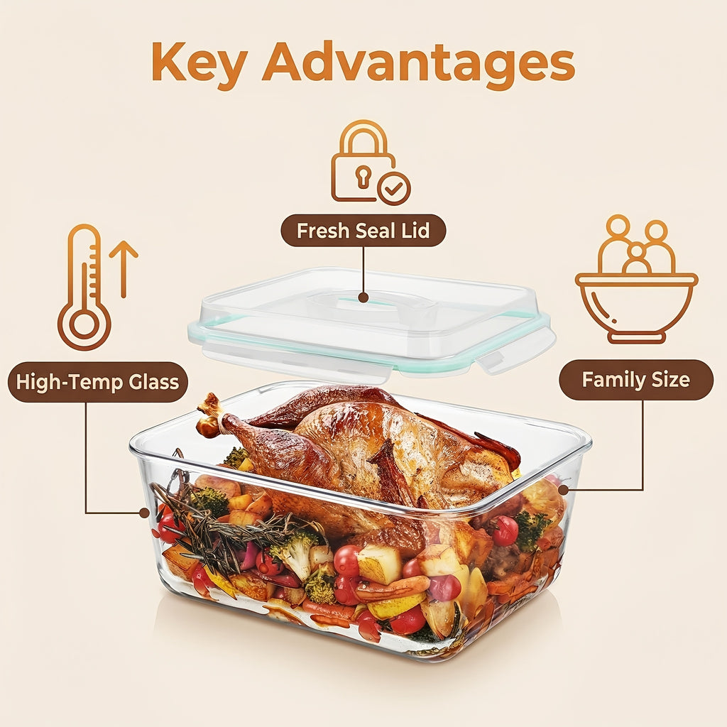 Space-Saving 220oz Kitchen Baking Dish Set – oven-ready cooking and serving, 220oz Extra Large Glass Food Storage Containers with Snap Airtight Lids for Roasting Turkey, designed for American homes, daily convenience and practical gifting