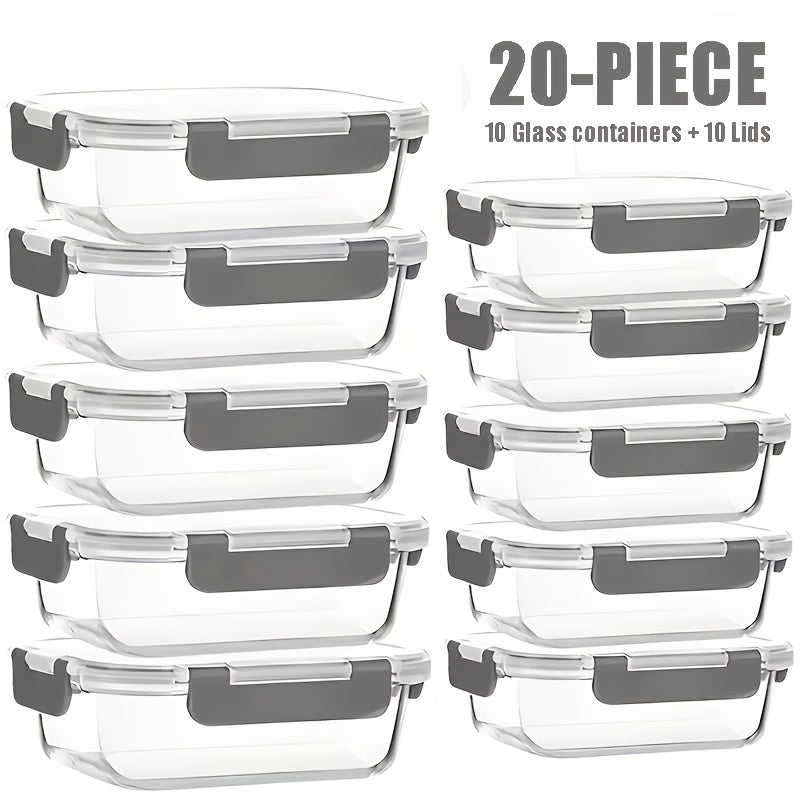 Modern 20pcs Refrigerator Storage Organizer – easy-access fridge organization, Stackable 20pcs Glass Food Container 10 Lids 10 Containers - Multi-purpose Meal Prep And, designed for American homes, daily convenience and practical gifting