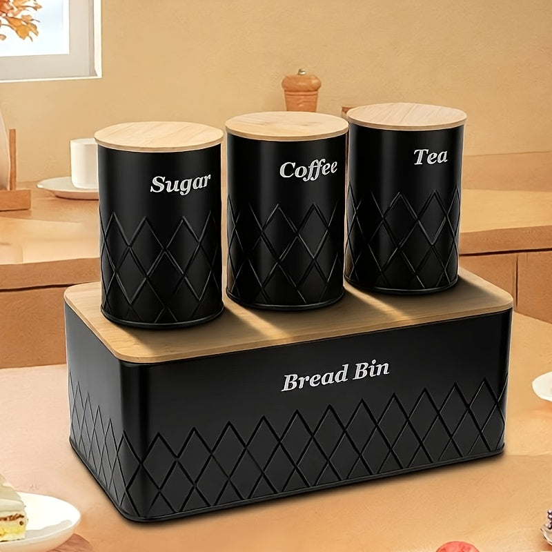 Black Bread Bin with 3 Canister Sets for Tea, Sugar, Coffee Containers