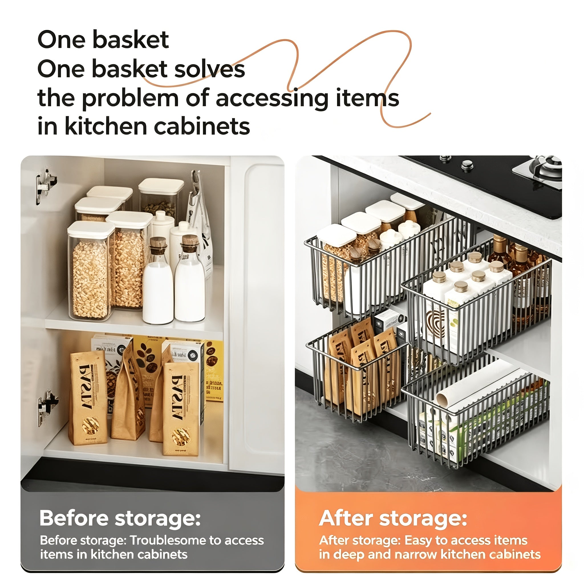 Pull-out Cabinet Organizer for Framed Cabinets. 16.73inch Deep, 7.09inch Height Keeps Seasonings Safe From Tipping. Ball-bearing Slides for Smooth, Quiet, Jitter-free Operation with Strong Load Capacity. Large Capacity Fits Kitchen Utensils