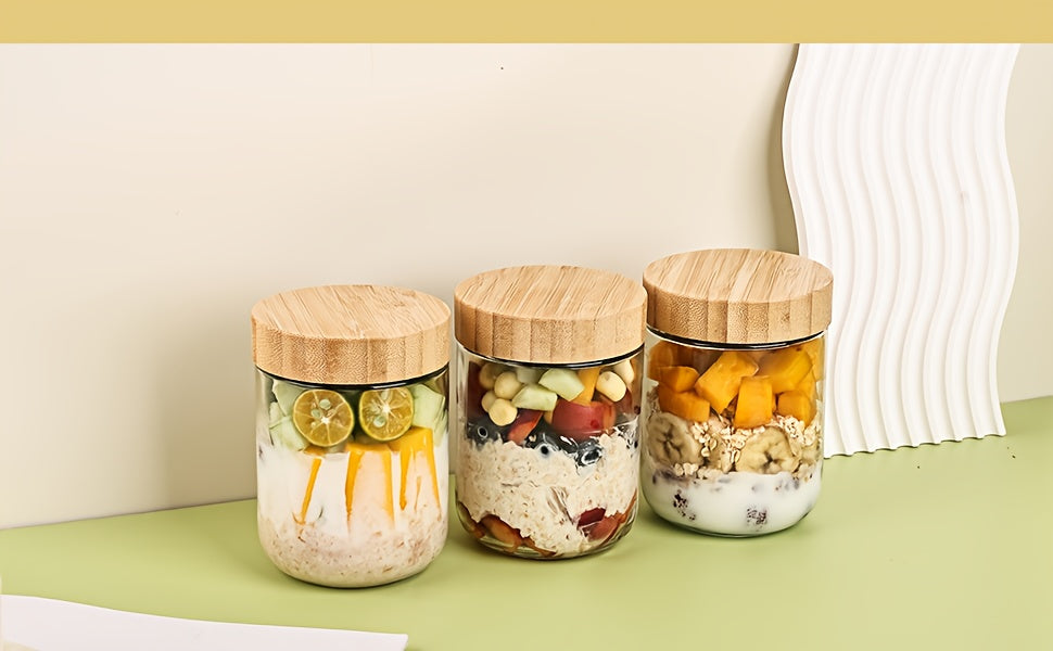 4/6 Packs Overnight Oats Containers with Bamboo Lids, Glass Jars with Airtight Lids for Meal Prep, Wide Mouth Mason Salad Jars, Glass Food Storage Container for Yogurt Chia Snacks Spice Sugar