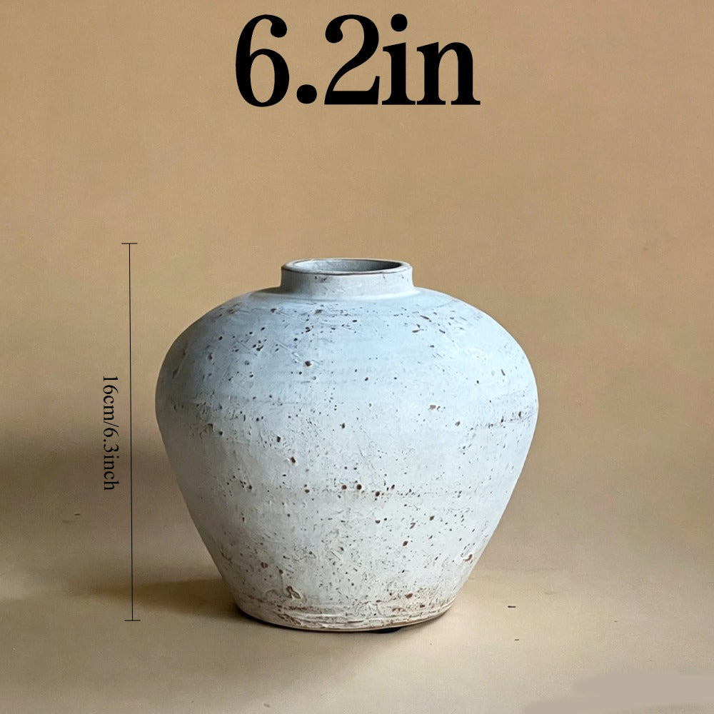 Small White Rustic Round Vase for Table Centerpieces 6 inches, Earthy Stone Look, Textured, Modern Homes Farmhouse Centerpiece Decor