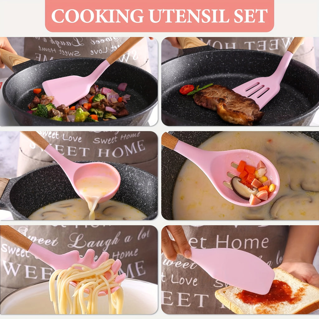 Kitchen Essential – 26pcs Silicone Cooking Utensil Set - A Safe Kitchen Tool Collection with Wooden Handles, Non-Stick Cooking Implements, Washable Modern Cookware, Kitchen Essentials, Perfe