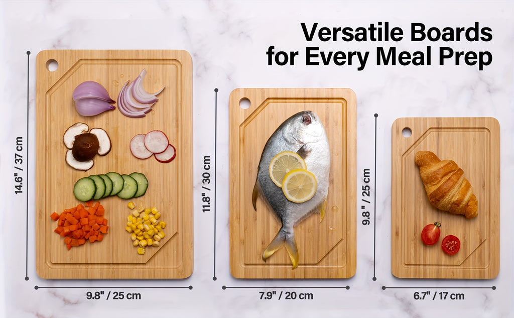 Bamboo Cutting Board for Kitchen, Bamboo Cutting Board Set Of 3 with Juice Groove, Double-Sided Chopping Board Serving Board with Hanging Hole for Meat, Vegetables And Cheese