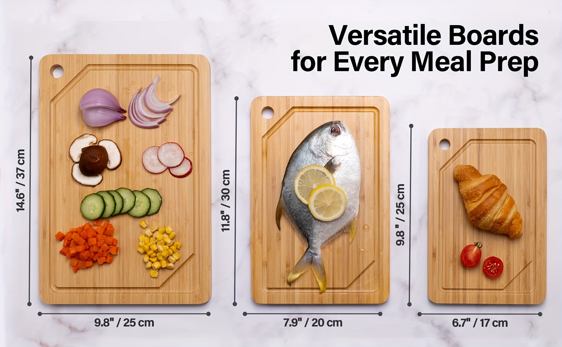 Bamboo Cutting Board for Kitchen, Bamboo Cutting Board Set Of 3 with Juice Groove, Double-Sided Chopping Board Serving Board with Hanging Hole for Meat, Vegetables And Cheese