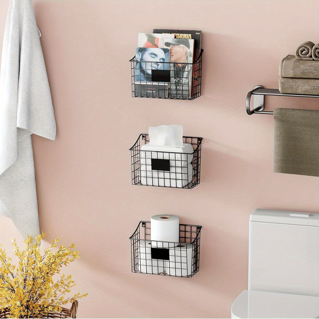 Wall Mounted Bin Basket with 5 Hooks 3 Label Plate Adhesive-3 Pack, Cabinet Hanging Metal Wire Basket, Rustic Farmhouse Decor, Storage Organization Shelf for Pantry Kitchen Bathroom 10.6*7.5*5.1Inch, Shelf Baskets