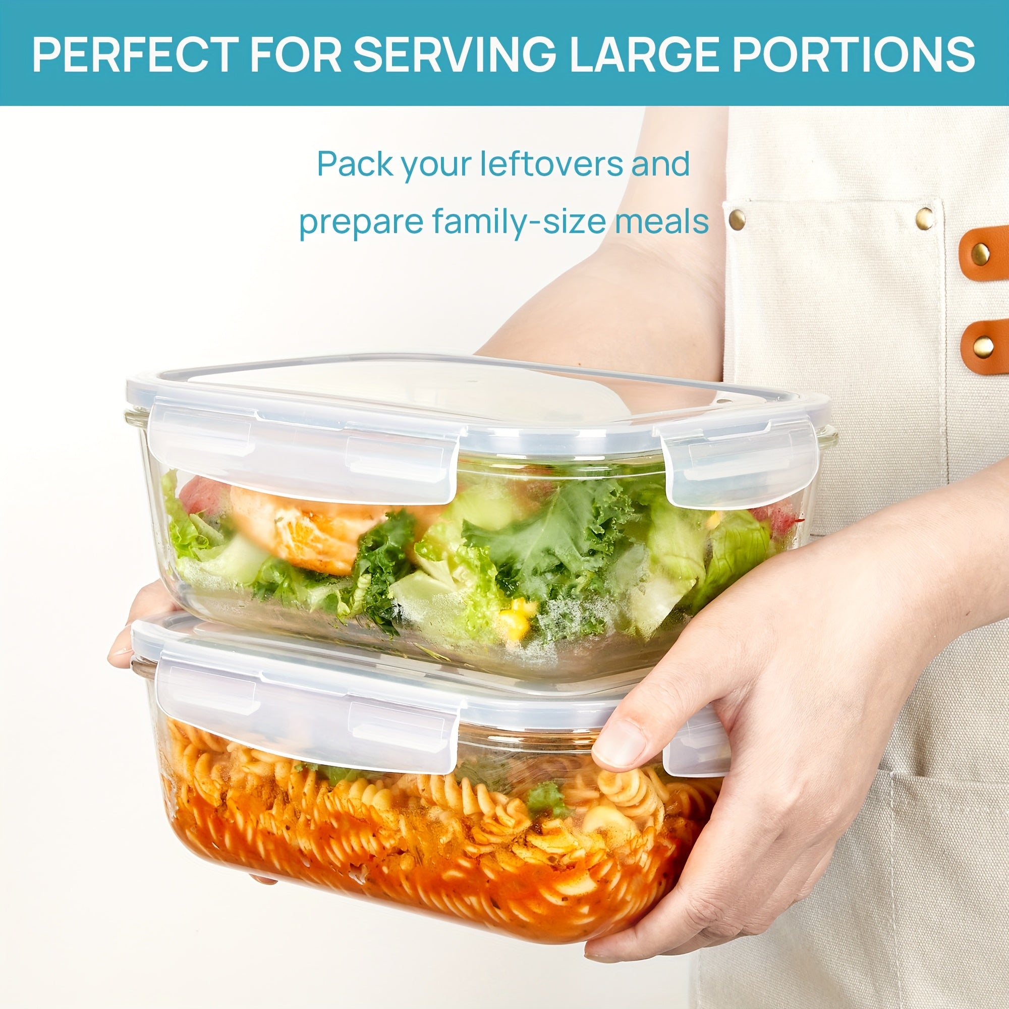2Pack 1860ml/ 63oz Large Glass Storage Containers With Lids, Meal Prep Food Container Set With Snap Airtight Lid For Baking, Microwave, Oven, Leak Proof, For Freezer, Dishwasher