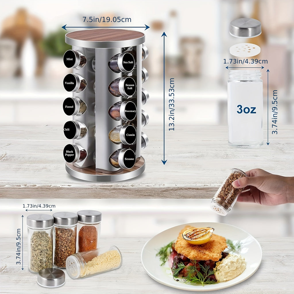 Spice Carousel Set Featuring 20 Spice Jars, Kitchen Spice Organizer for Countertop or Cupboard - Revolving Storage Tower Includes 386 Spice Labels