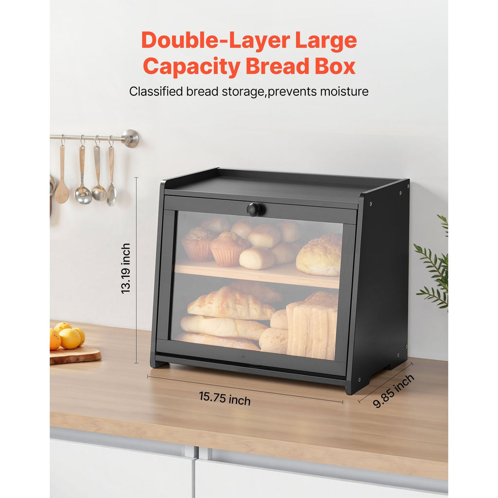 Space-Saving Countertop Bread Storage Box – fresh-bread countertop organization, VEVOR Bread Box for Kitchen Counter Large Capacity Bamboo Storage Container Single-layer Double-layer Black, designed for American homes, daily convenience and practical