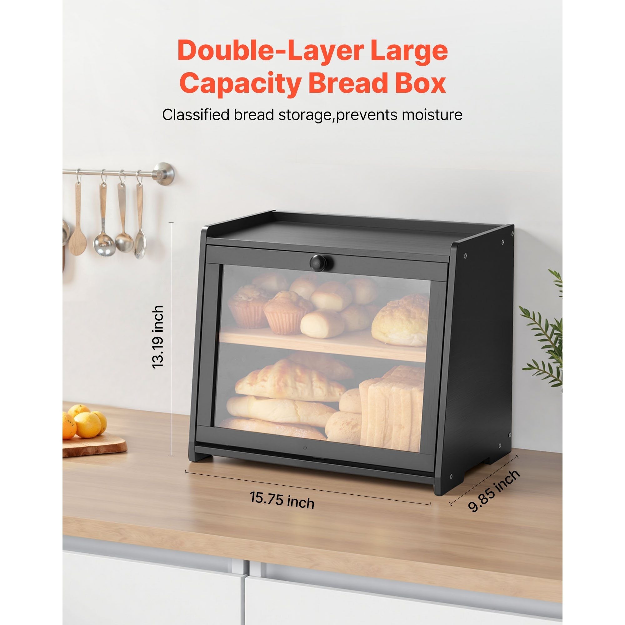 Space-Saving Countertop Bread Storage Box – fresh-bread countertop organization, VEVOR Bread Box for Kitchen Counter Large Capacity Bamboo Storage Container Single-layer Double-layer Black, designed for American homes, daily convenience and practical