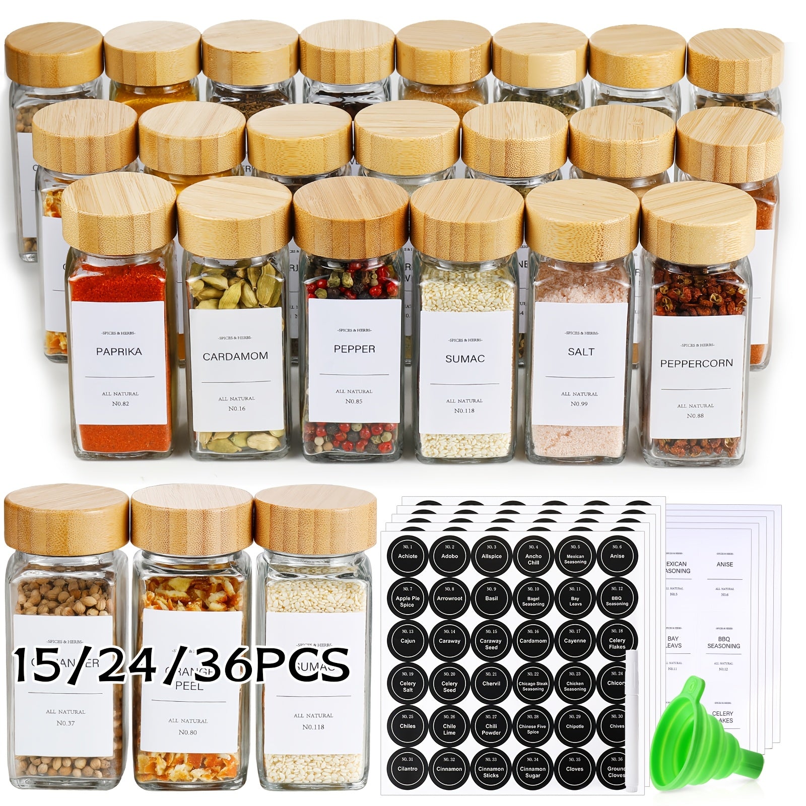 Versatile 15/24/36pcs Glass Spice Jar Set – clear reusable pantry storage, 15 24 36pcs Spice Jars with Labels And Lids 4oz Spice Empty Bottles with, designed for American homes, daily convenience and practical gifting
