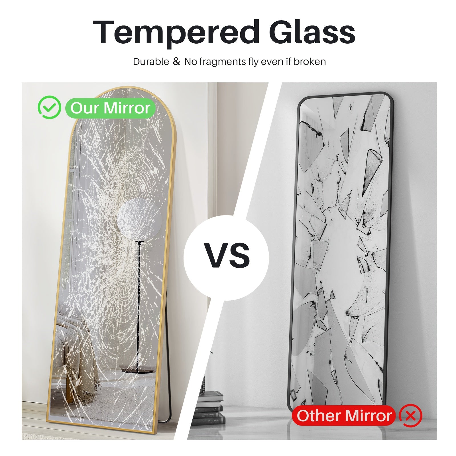 Arched/Rect Full Length Mirror, Full Body Mirror with Stand, Freestanding, Hanging or Leaning for Wall, Steel Alloy Thin Frame Floor Standing for Hotels and Bathrooms