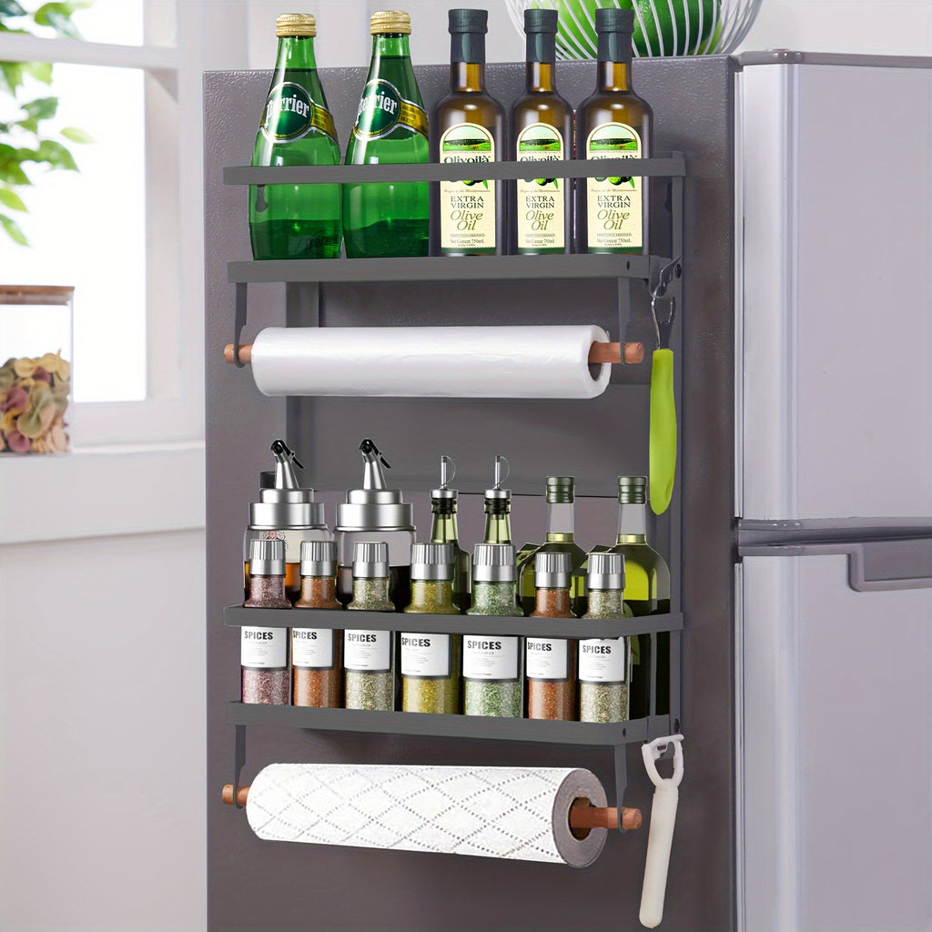 Magnetic Fridge Organizer Spice Rack With Paper Towel Holder And 5 Extra Hooks | 4 Tier Magnet Refrigerator Shelf In Kitchen