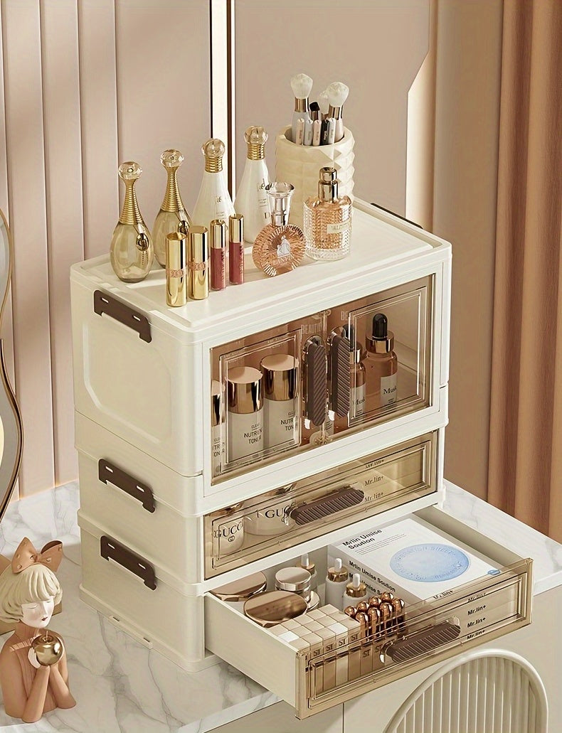 Heavy-Duty Pull-Out Cabinet Organizer – smooth-access cabinet organization, Three Four Floors Foldable Large Capacity Cosmetic Storage Cabinet with Transparent Drawers Stackable Plastic, designed for American homes, daily convenience and practical gi
