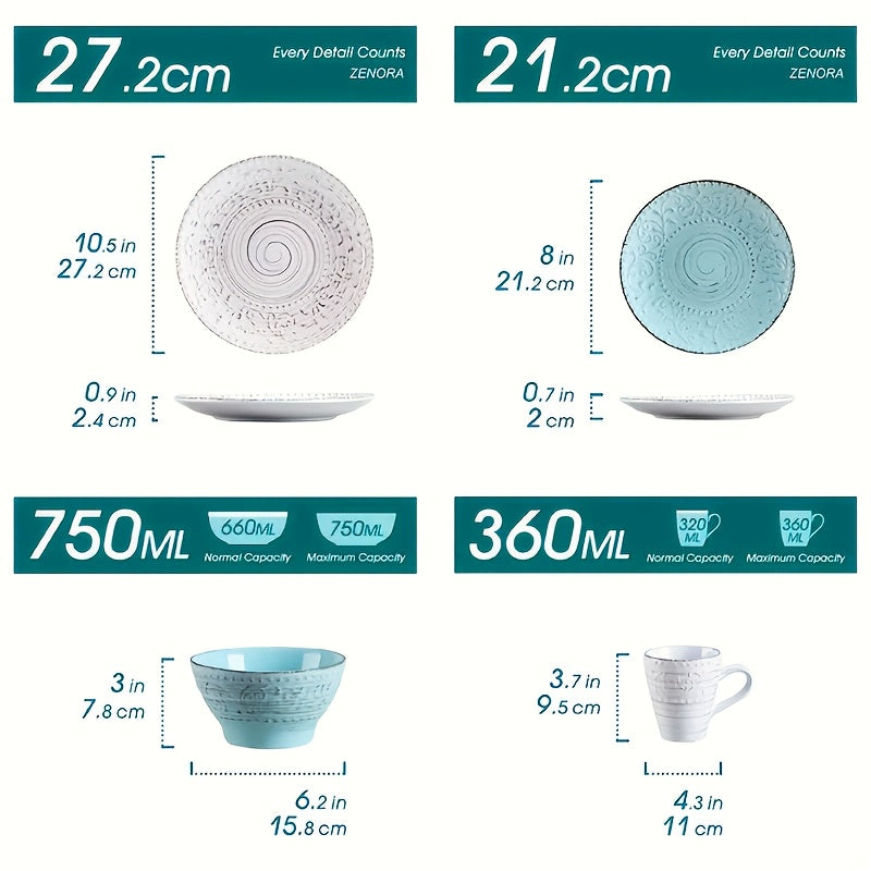[Gifts For Weddings] Zenora 32pcs Ceramic Dinnerware Set, Embossed Modern White Porcelain Plates And Bowls For Dinner And Dessert, Microwave & Dishwasher & Oven Safe, Durable Tableware, Home Kitchen & Restaurant Use And Family Serving/ Gifts For Weddings
