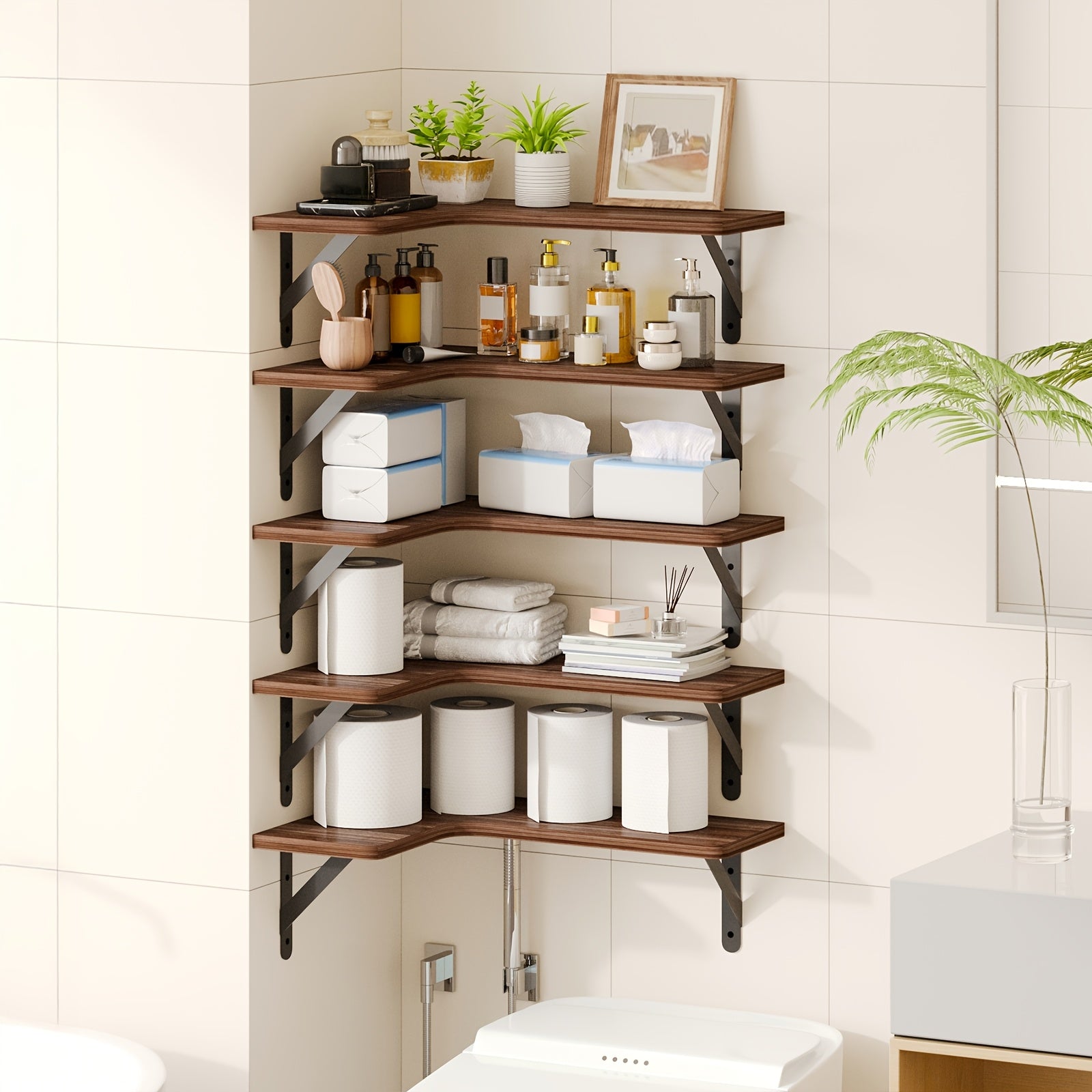 Space-Saving 5/6pcs Adjustable Home Storage Rack – durable multi-purpose storage, TOMNK 5 6pcs Heavy-Duty Rustic Wood Corner Floating Shelves Suitable for for Wall-Mounted Storage, designed for American homes, daily convenience and practical gifting