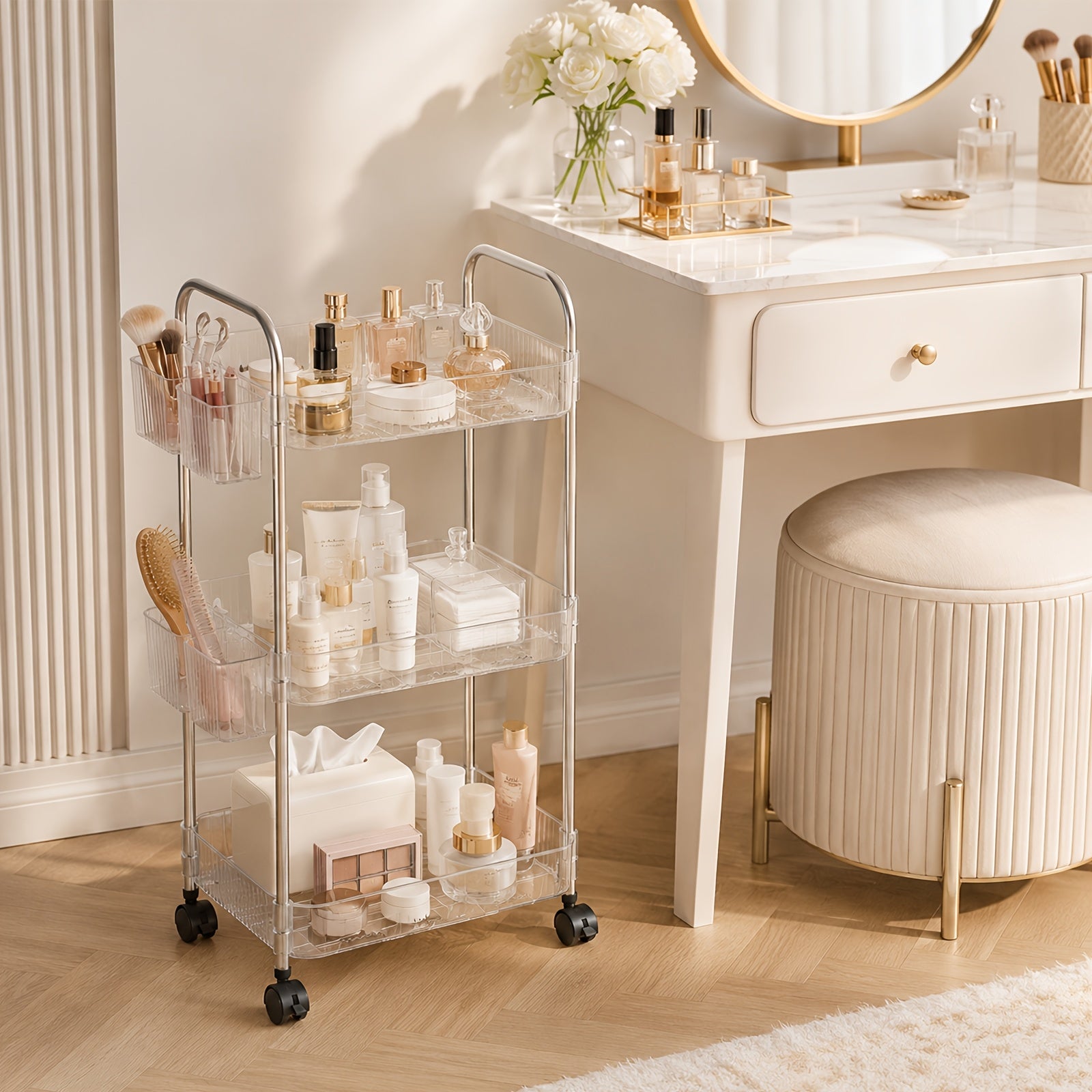 3/4 Tier Rolling Storage Cart with Hanging Storage Boxes, Multifunctional Utility Cart, Acrylic Material & Modern Minimalist Transparent Design, Alloy Frame Handle & 360° Rotating Silent Roller, Snack Cart for Dorm, Bathroom, Bar, Kitchen